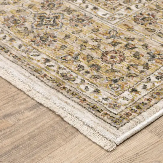 Ivory And Gold Oriental Power Loom Stain Resistant Runner Rug With Fringe Photo 5