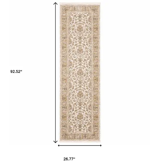 Ivory And Gold Oriental Power Loom Stain Resistant Runner Rug With Fringe Photo 10