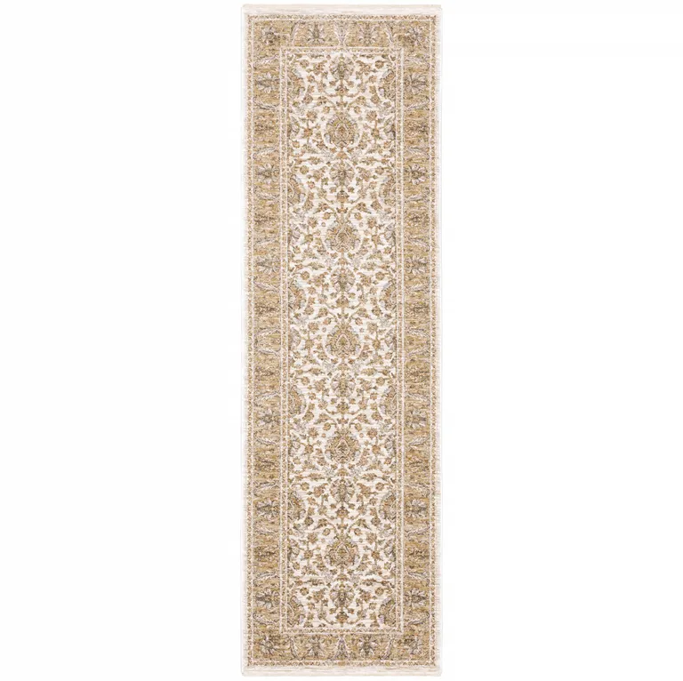 Ivory And Gold Oriental Power Loom Stain Resistant Runner Rug With Fringe Photo 1