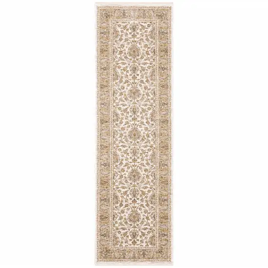 Ivory And Gold Oriental Power Loom Stain Resistant Runner Rug With Fringe Photo 1