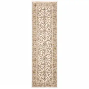 Photo of Ivory And Gold Oriental Power Loom Stain Resistant Runner Rug With Fringe