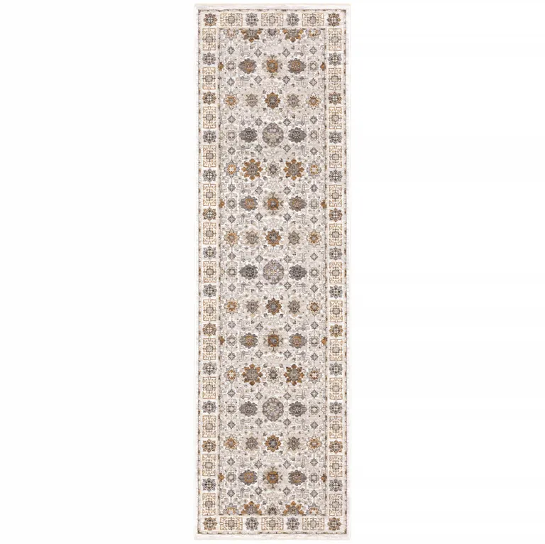 Ivory And Gold Oriental Power Loom Stain Resistant Runner Rug With Fringe Photo 1