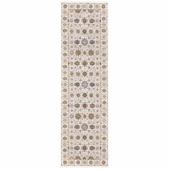 Ivory And Gold Oriental Power Loom Stain Resistant Runner Rug With Fringe Photo 1