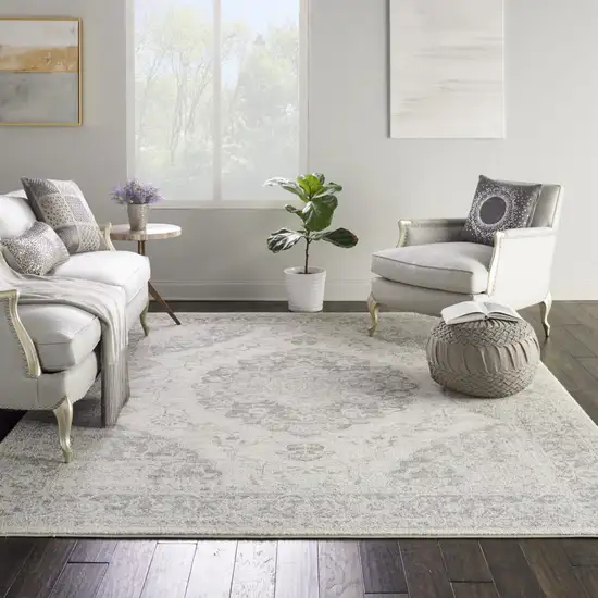 Ivory And Gray Floral Medallion Distressed Area Rug Photo 9