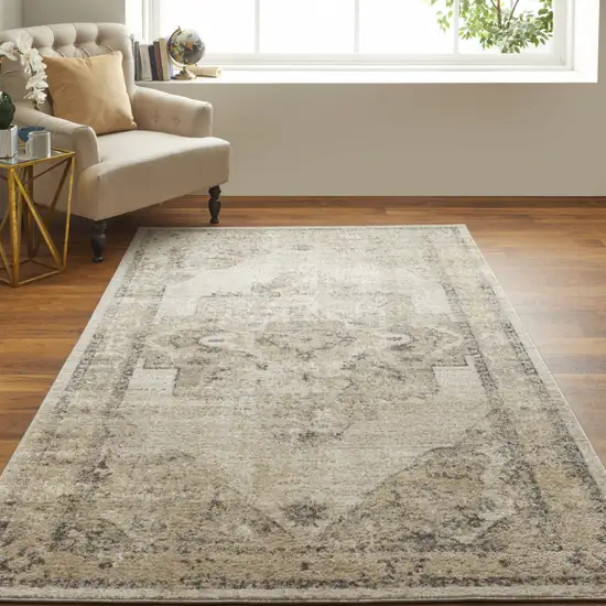 Ivory And Gray Floral Power Loom Distressed Area Rug Photo 6