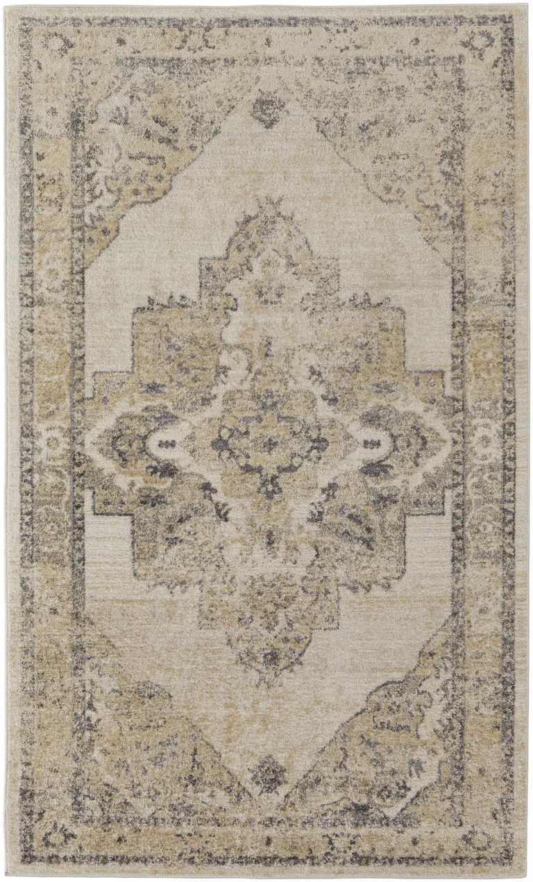 Ivory And Gray Floral Power Loom Distressed Area Rug Photo 1