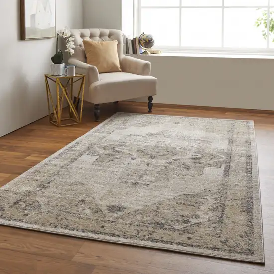 Ivory And Gray Floral Power Loom Distressed Area Rug Photo 7