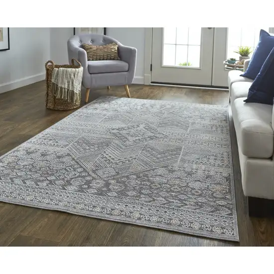 Ivory And Gray Geometric Power Loom Distressed Stain Resistant Area Rug Photo 8