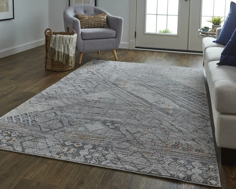 Ivory And Gray Geometric Power Loom Distressed Stain Resistant Area Rug Photo 2