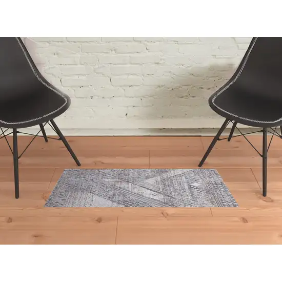 Ivory And Gray Geometric Power Loom Distressed Stain Resistant Area Rug Photo 2