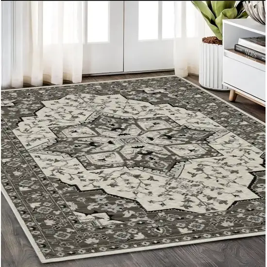 Ivory And Gray Medallion Area Rug With Fringe Photo 1