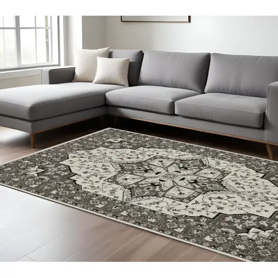 Ivory And Gray Medallion Area Rug With Fringe Photo 1