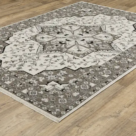 Ivory And Gray Medallion Area Rug With Fringe Photo 4