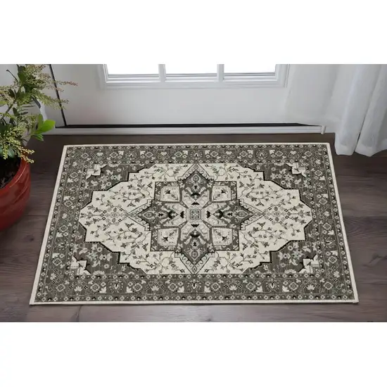 Ivory And Gray Medallion Area Rug With Fringe Photo 1