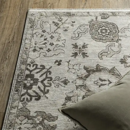 Ivory And Gray Oriental Area Rug With Fringe Photo 7