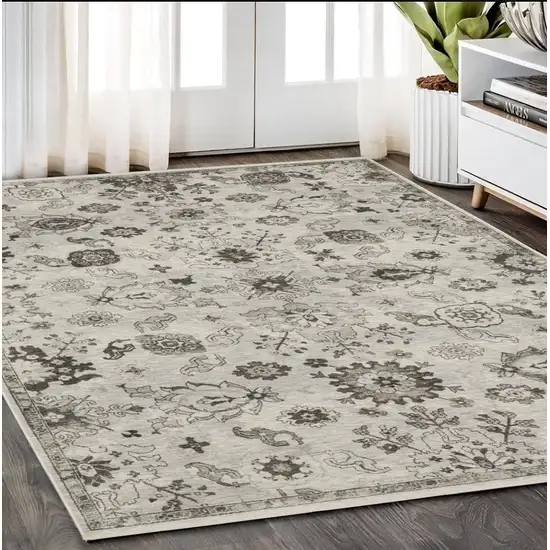 Ivory And Gray Oriental Area Rug With Fringe Photo 1