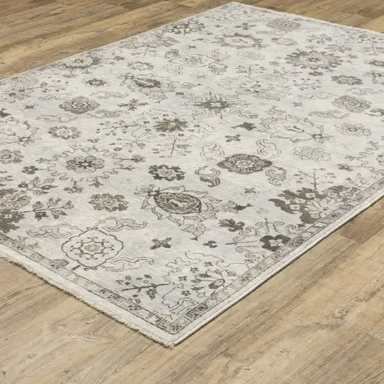 Ivory And Gray Oriental Area Rug With Fringe Photo 4