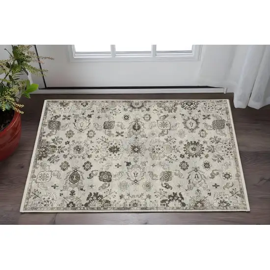 Ivory And Gray Oriental Area Rug With Fringe Photo 1