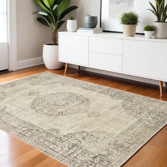 Ivory And Gray Oriental Distressed Area Rug Photo 1