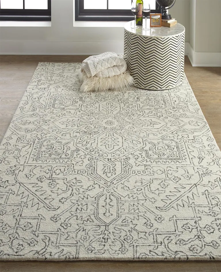 Ivory And Gray Wool Floral Tufted Handmade Stain Resistant Area Rug Photo 2