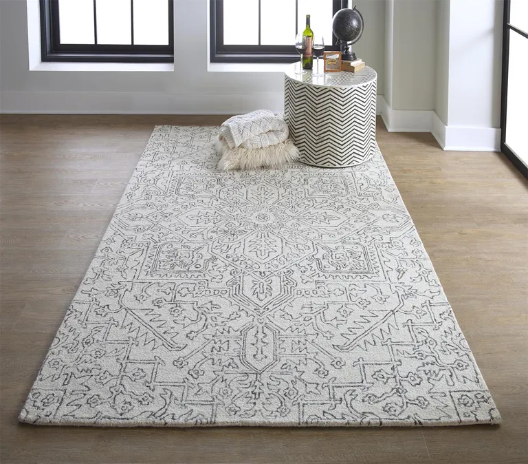 Ivory And Gray Wool Floral Tufted Handmade Stain Resistant Area Rug Photo 3