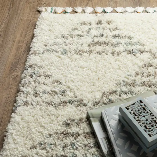 Ivory And Green Geometric Shag Area Rug With Fringe Photo 8