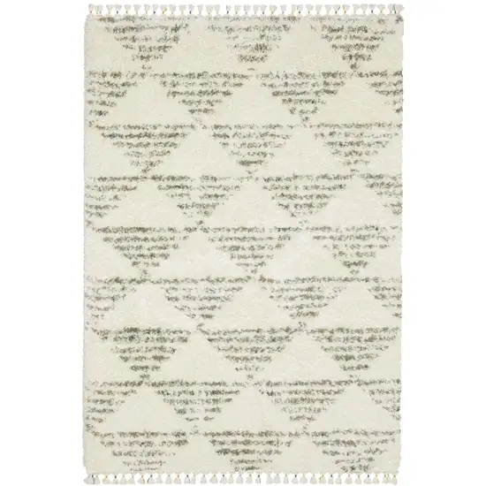 Ivory And Green Geometric Shag Area Rug With Fringe Photo 2