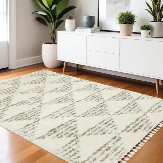 Ivory And Green Geometric Shag Area Rug With Fringe Photo 1