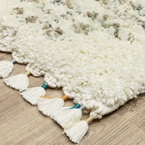 Ivory And Green Geometric Shag Area Rug With Fringe Photo 7