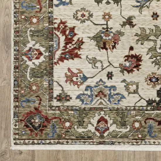 Ivory And Green Oriental Area Rug With Fringe Photo 5