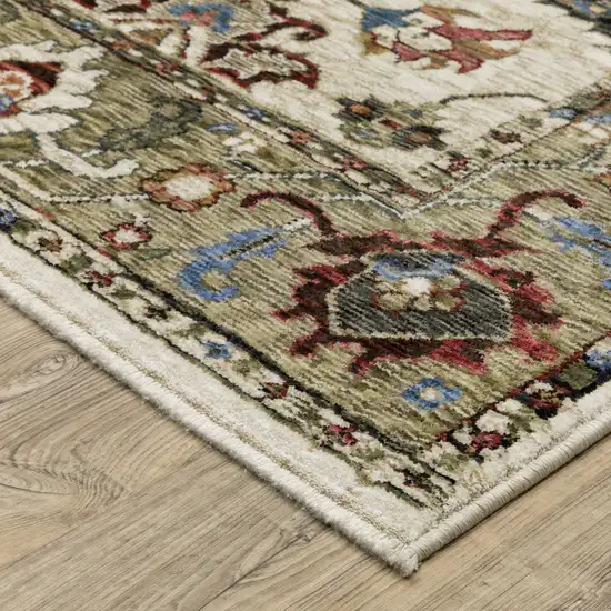 Ivory And Green Oriental Area Rug With Fringe Photo 7