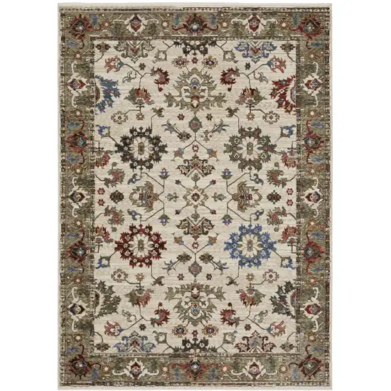 Ivory And Green Oriental Area Rug With Fringe Photo 2