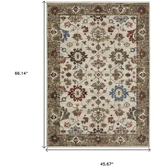 Ivory And Green Oriental Area Rug With Fringe Photo 3