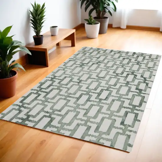 Ivory And Green Wool Geometric Tufted Handmade Area Rug Photo 1