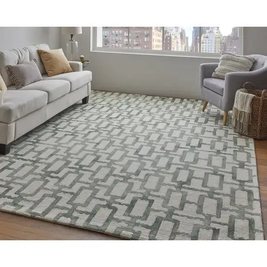 Ivory And Green Wool Geometric Tufted Handmade Area Rug Photo 7