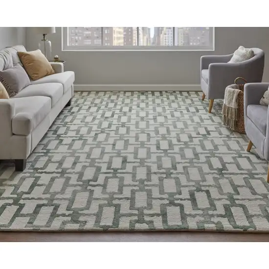 Ivory And Green Wool Geometric Tufted Handmade Area Rug Photo 6