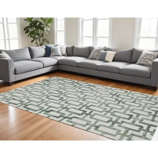 Ivory And Green Wool Geometric Tufted Handmade Area Rug Photo 1