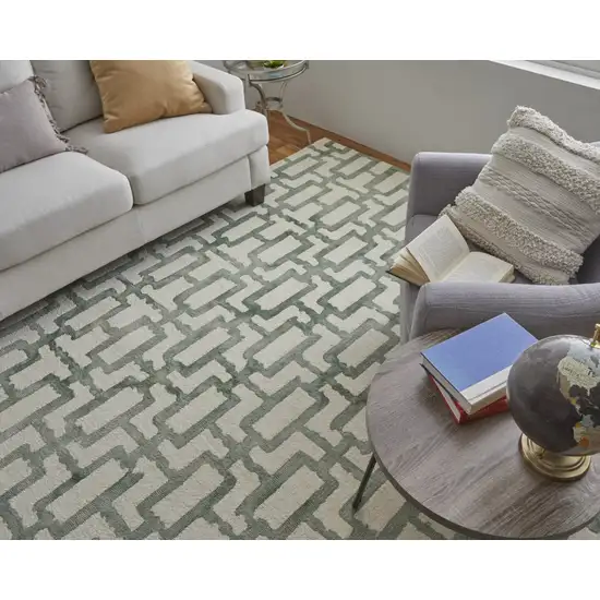 Ivory And Green Wool Geometric Tufted Handmade Area Rug Photo 8