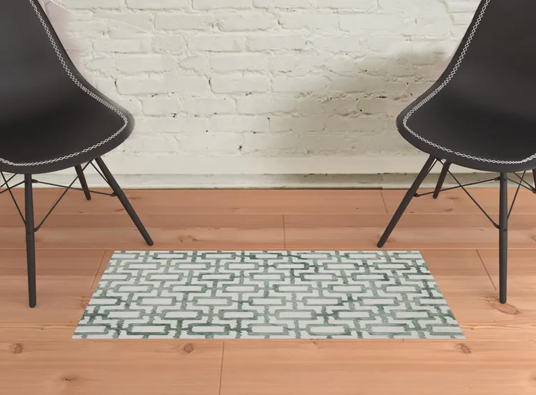 Ivory And Green Wool Geometric Tufted Handmade Area Rug Photo 2