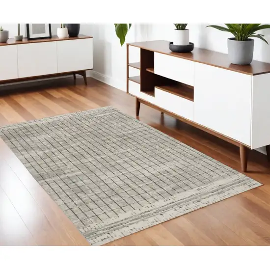 Ivory And Grey Abstract Power Loom Distressed Non Skid Area Rug Photo 2