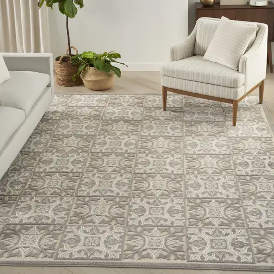 Ivory And Grey Fleur De Lis Stain Resistant Non Skid Area Rug Photo 8