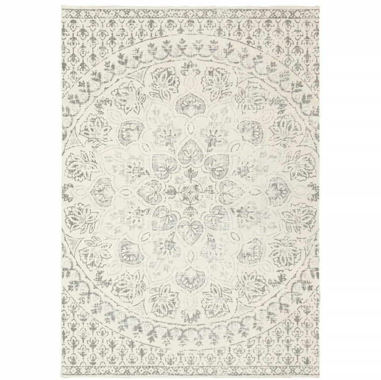 Ivory And Grey Floral Power Loom Stain Resistant Area Rug Photo 1