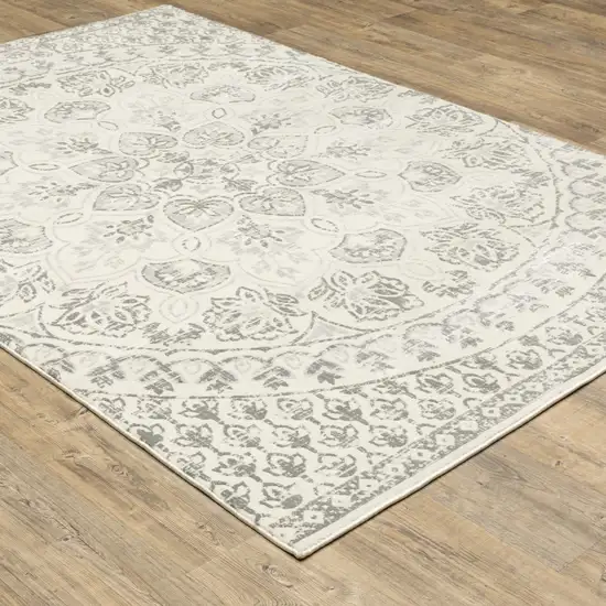 Ivory And Grey Floral Power Loom Stain Resistant Area Rug Photo 6