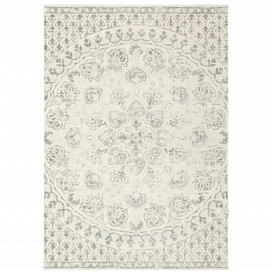 Ivory And Grey Floral Power Loom Stain Resistant Area Rug Photo 1