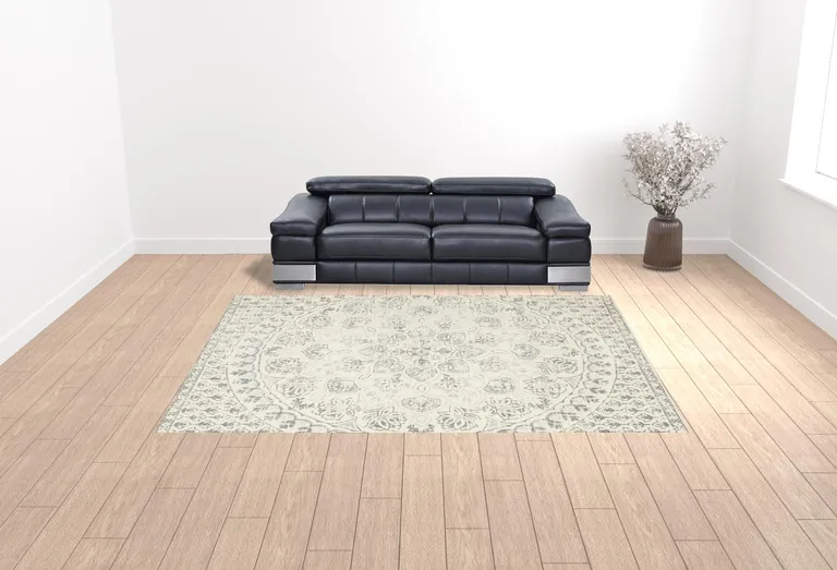 Ivory And Grey Floral Power Loom Stain Resistant Area Rug Photo 2