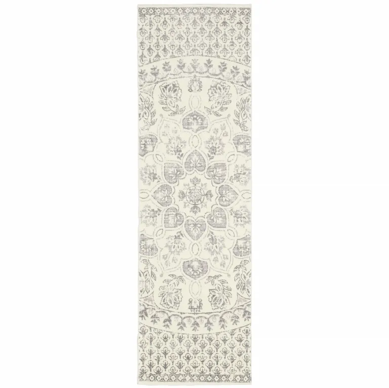 Ivory And Grey Floral Power Loom Stain Resistant Runner Rug Photo 1