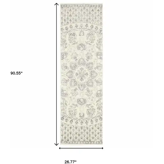 Ivory And Grey Floral Power Loom Stain Resistant Runner Rug Photo 8