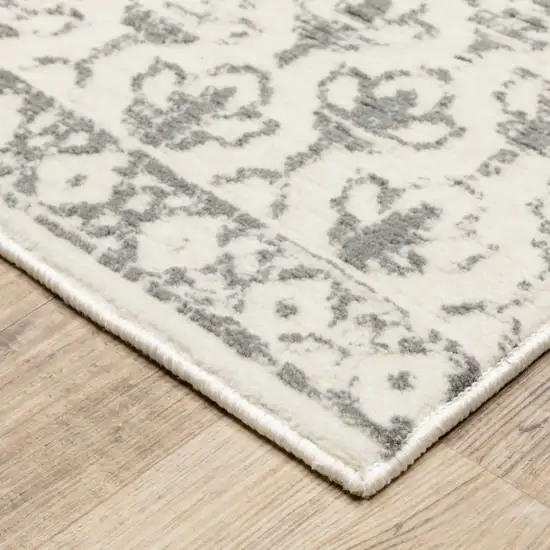 Ivory And Grey Floral Power Loom Stain Resistant Runner Rug Photo 5