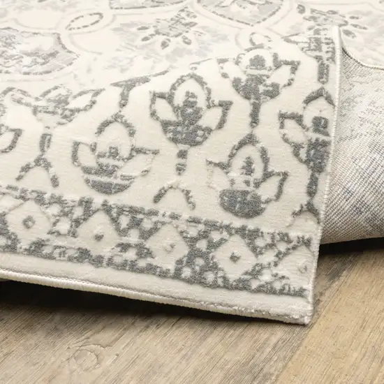 Ivory And Grey Floral Power Loom Stain Resistant Runner Rug Photo 7