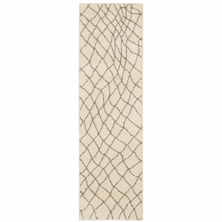 Ivory And Grey Geometric Power Loom Stain Resistant Runner Rug Photo 1